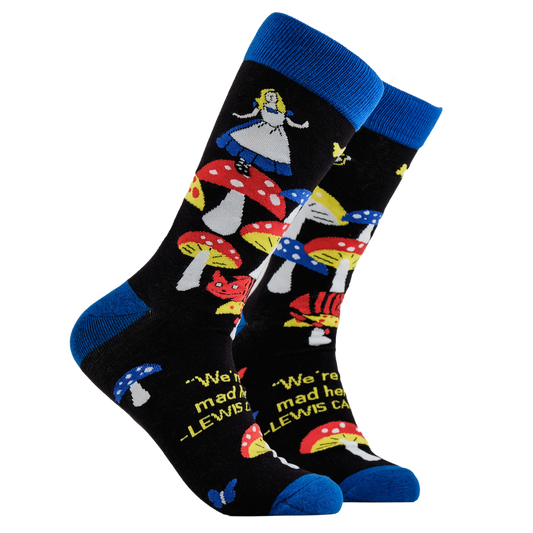 Alice in Wonderland Socks - Where's Wonder Land? A pair of socks depicting Alice in wonderland and toadstools. Black legs, royal blue cuff, heel and toe.