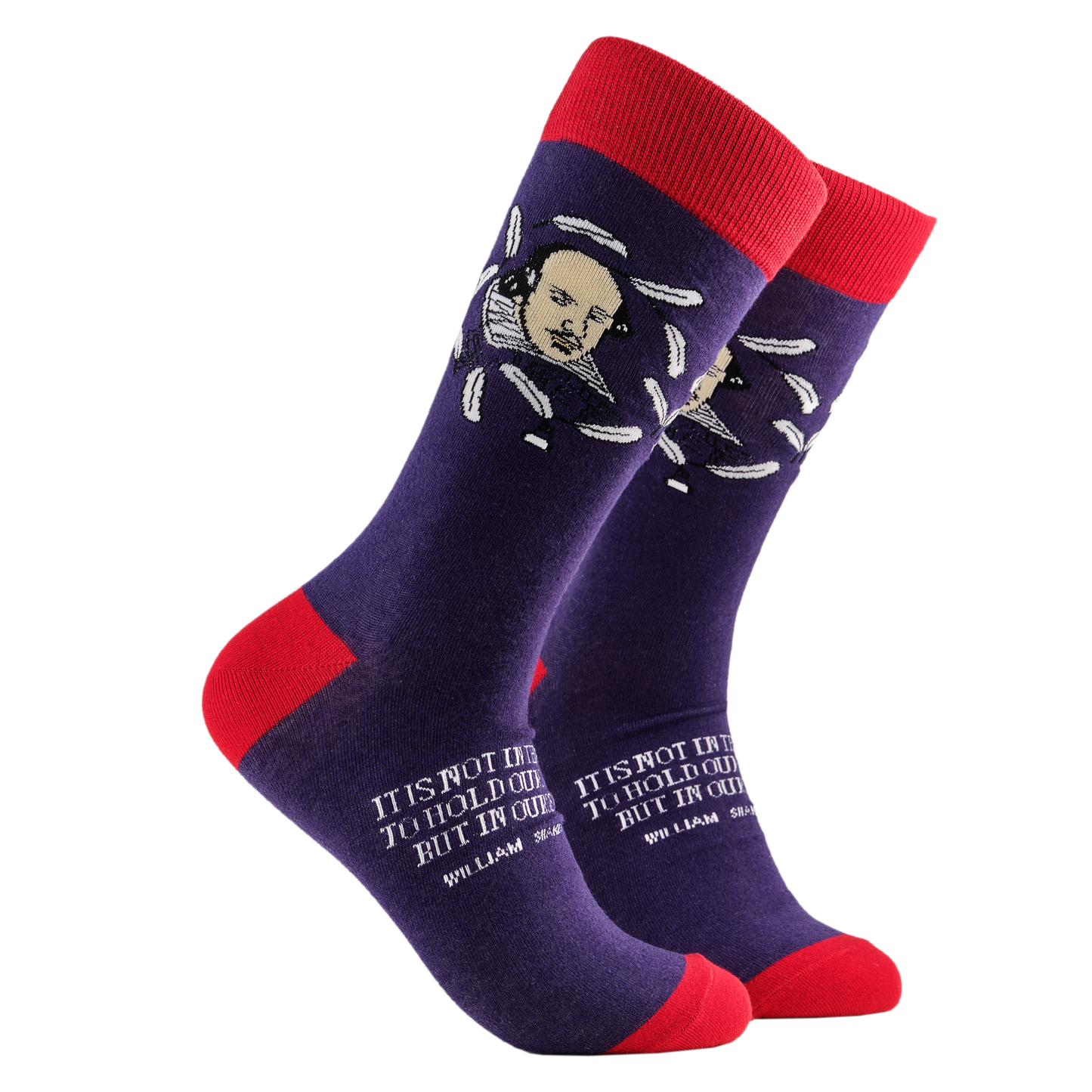 
                  
                    A pair of socks depicting William Shakespeare. Purple legs, red cuff, heel and toe.
                  
                