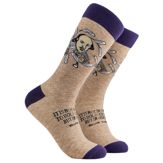 William Shakespeare Socks. A pair of socks depicting William Shakespeare. Oatmeal legs, purple cuff, heel and toe.