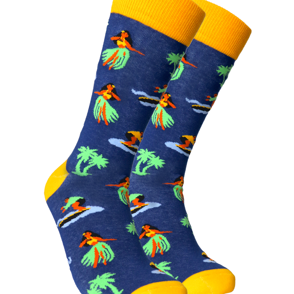 Hawaiian Surf Socks. A pair of socks depicting hula girls and surfers. Blue legs, yellow cuff, heel and toe.