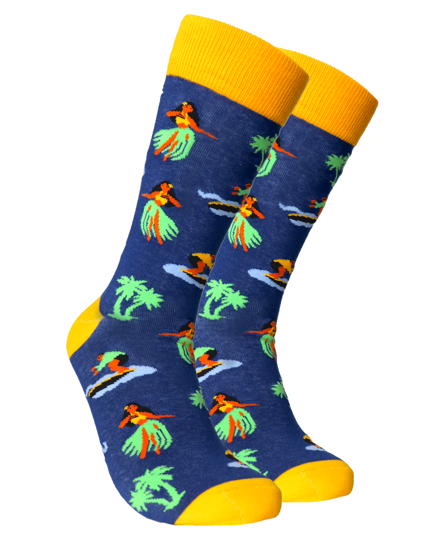 Hawaiian Surf Socks. A pair of socks depicting hula girls and surfers. Blue legs, yellow cuff, heel and toe.