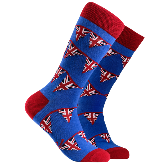 Union Jack Socks - UK Bunting. A pair of socks depicting Union Jack bunting. Blue legs, red cuff, heel and toe.
