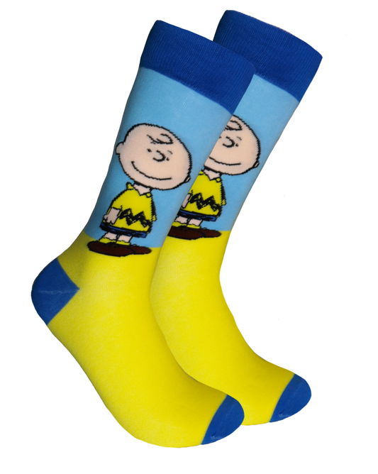 Peanuts Socks - Charlie Brown. A pair of socks depicting the iconic Charlie Brown. Blue and Yellow legs, dark blue cuff, heel and toe.