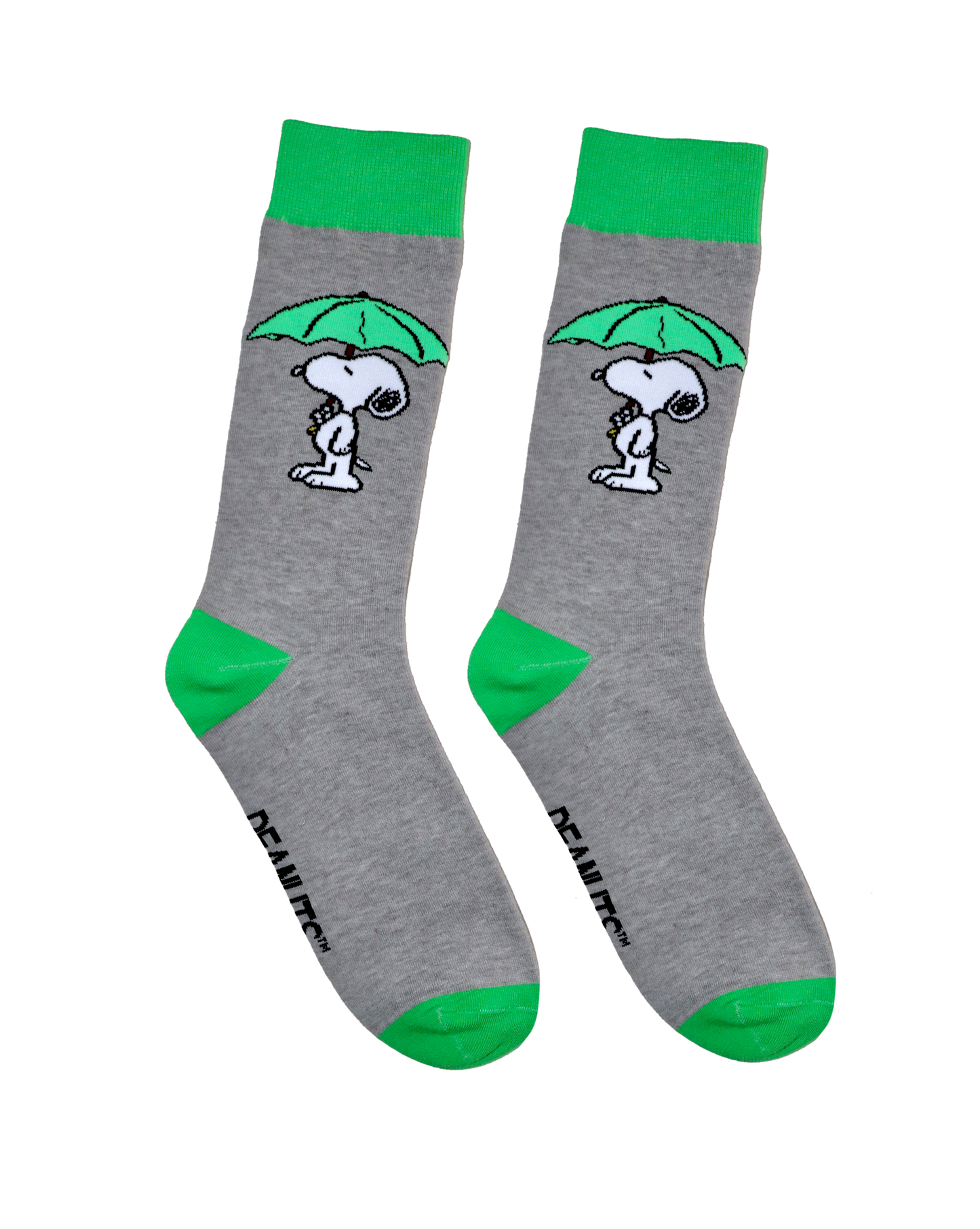 
                  
                    A pair of socks depicting snoopy with an umbrella. Grey legs, green cuff, heel and toe.
                  
                