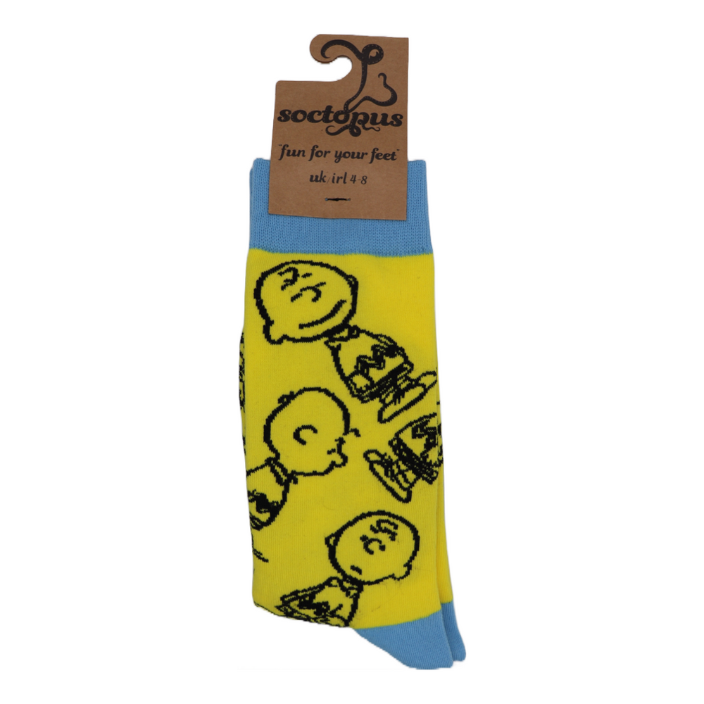 
                  
                    A pair of socks depicting Charlie Brown in all his different moods. Yellow legs, blue cuff, heel and toe. In Soctopus Packaging.
                  
                