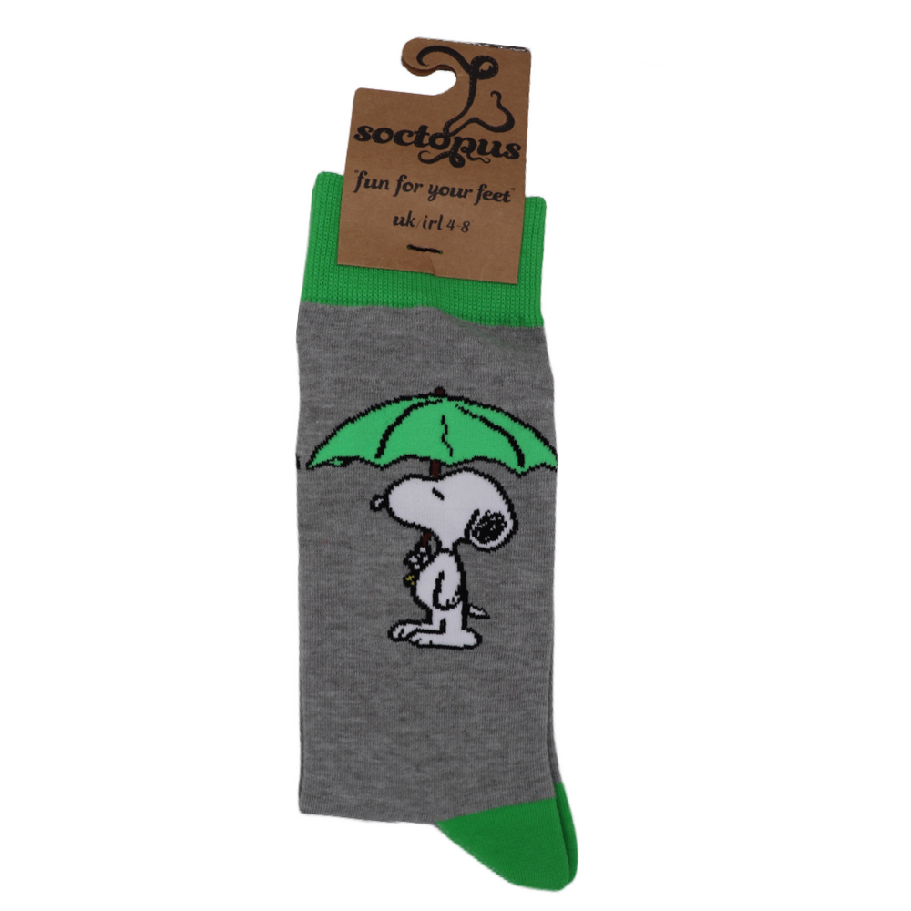 
                  
                    A pair of socks depicting snoopy with an umbrella. Grey legs, green cuff, heel and toe. In Soctopus Packaging.
                  
                