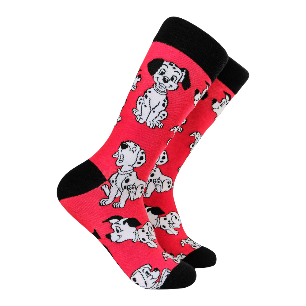 Disney's 101 Dalmatians Socks. A pair of socks featuring characters from the 1961 disney hit, 101 dalmatians. Red legs, black toe, heel and cuff. 