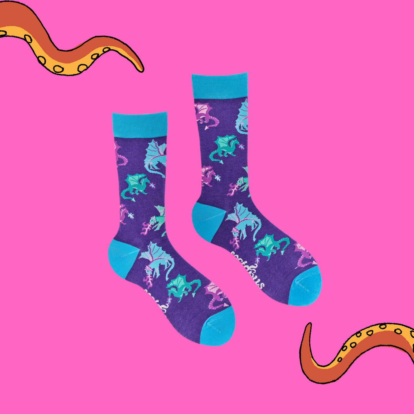 
                  
                    A pair of socks depicting fire breathing dragons. Purple legs, turquoise cuff, heel and toe.
                  
                
