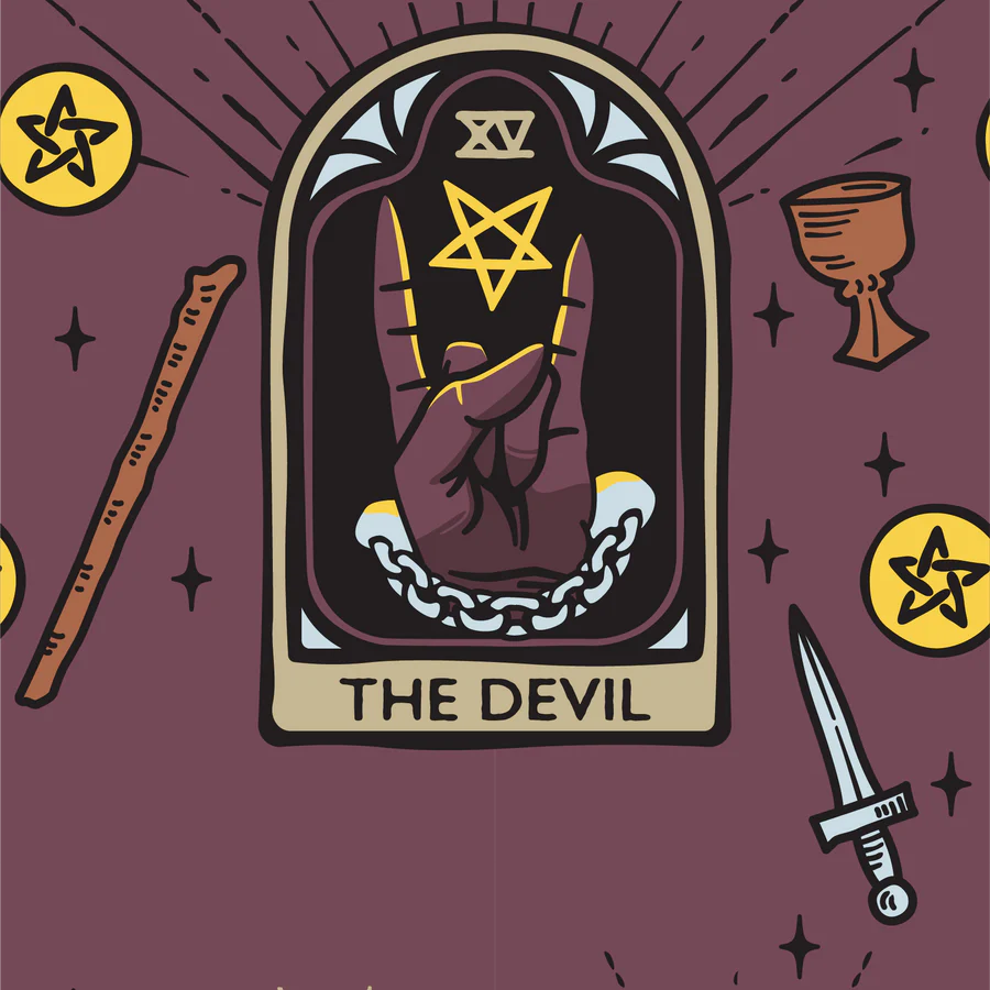 
                      
                        A pair of socks featuring the Devil tarot card. Deep red legs, black heel, toe and cuff. 
                      
                    