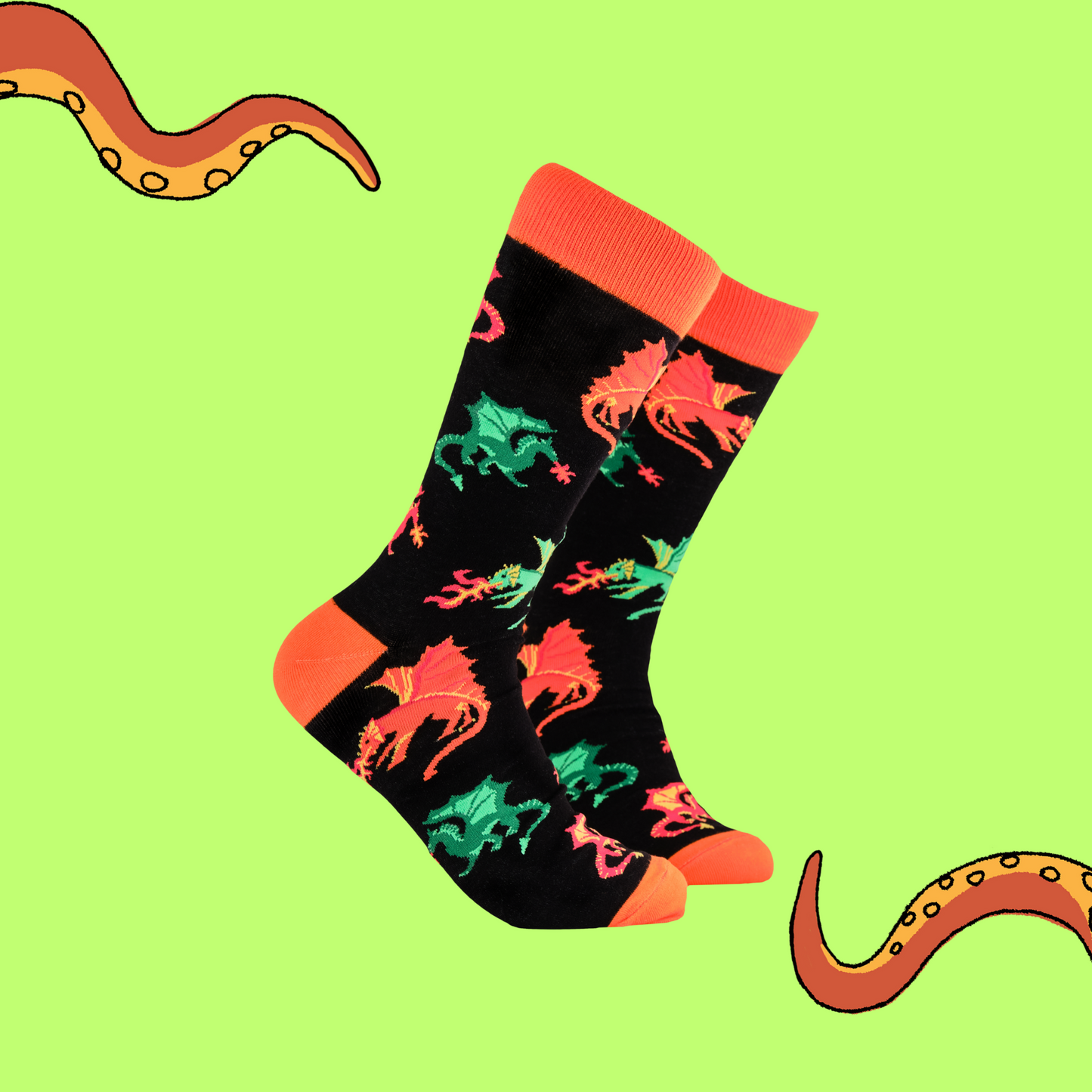 
                  
                    A pair of socks depicting fire breathing dragons. Black legs, orange cuff, heel and toe.
                  
                