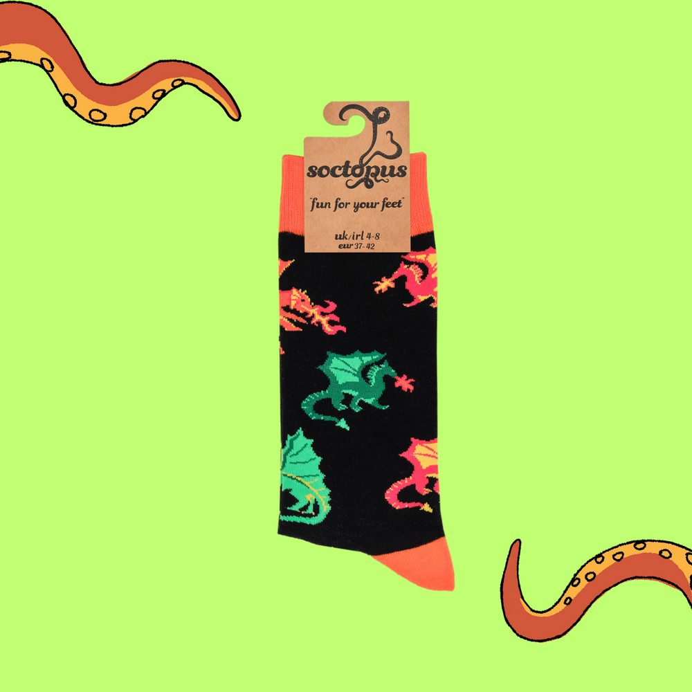 
                  
                    A pair of socks depicting fire breathing dragons. Black legs, orange cuff, heel and toe. In Soctopus Packaging.
                  
                