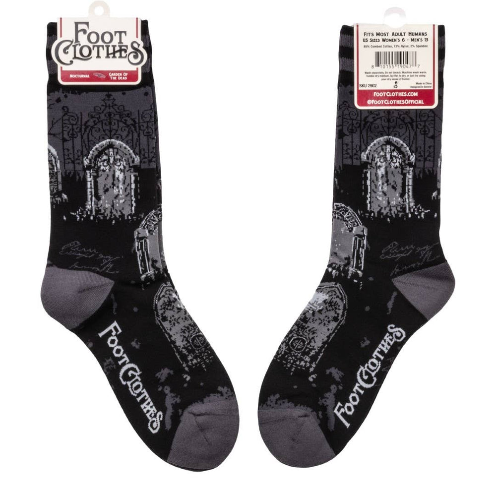 
                      
                        A pair of socks featuring a cemetery motif. Black legs, grey heel, toe and cuff. 
                      
                    