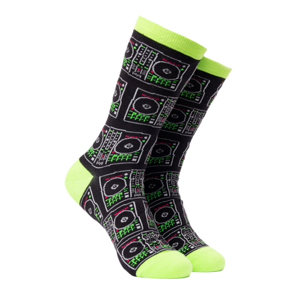 A pair of socks depicting a DJ controller. Grey legs, neon green cuff and, heel and toe. 