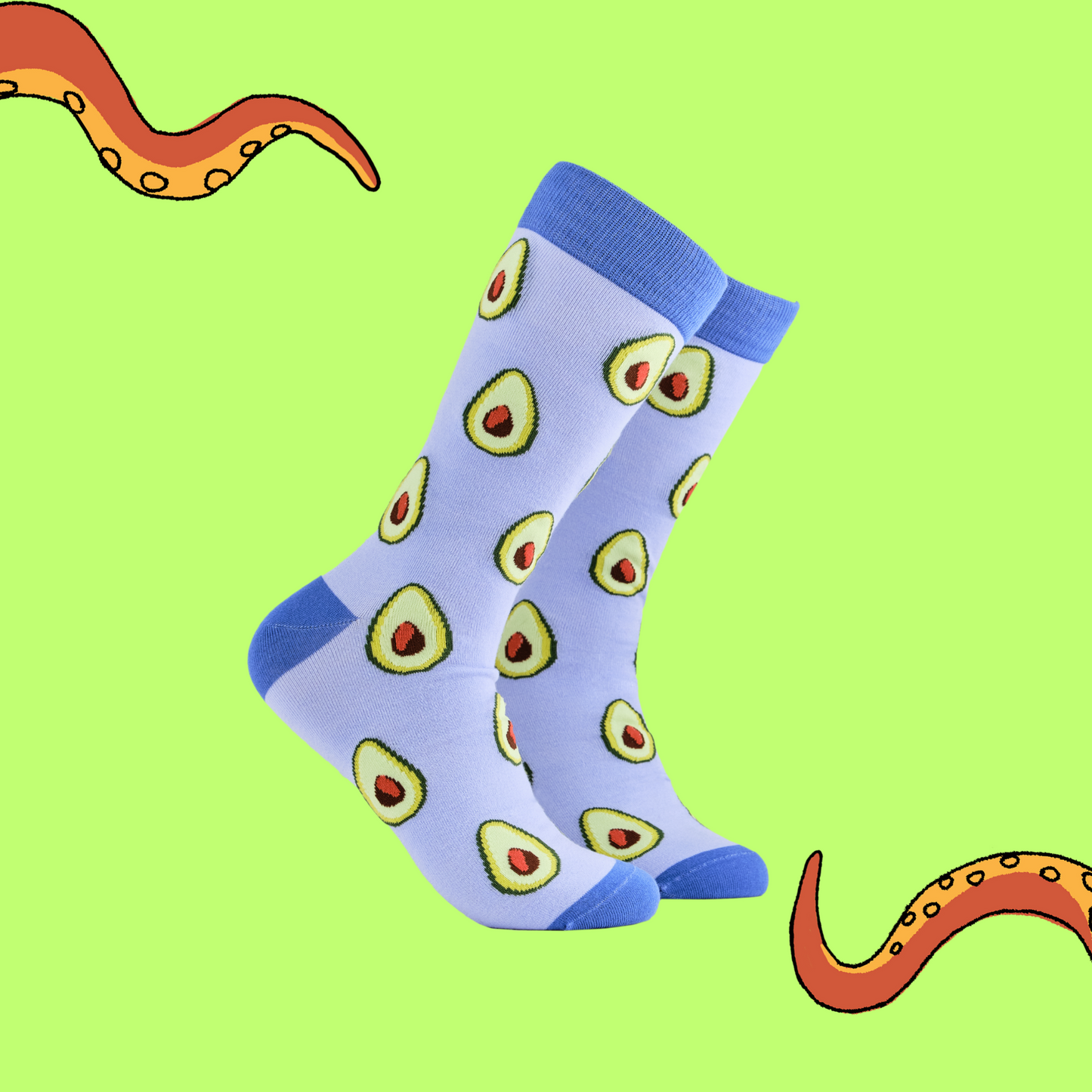 
                  
                    Avocado Socks. A pair of socks depicting Avocados. Purple legs, blue cuff, heel and toe.
                  
                