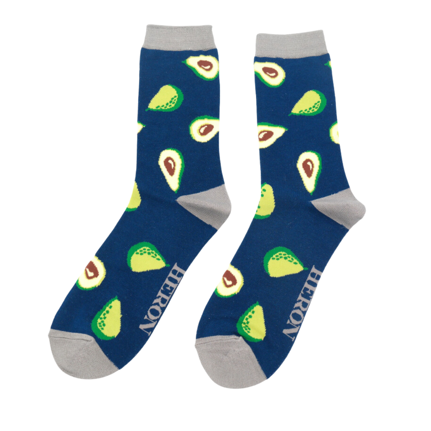 
                  
                    A pair of socks depicting avocados. Dark Blue legs, grey heel, cuff and toe.
                  
                