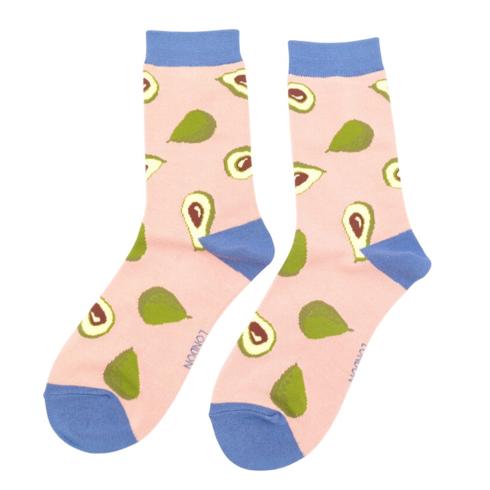 A pair of socks depicting avocados. Pink legs, blue heel, cuff and toe.