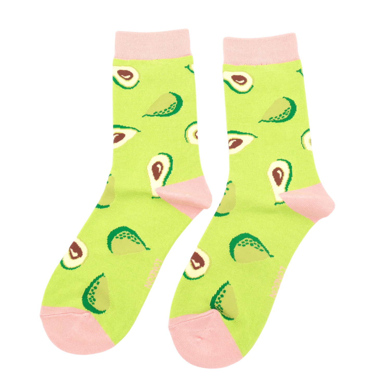 Avocados Bamboo Socks - Miss Sparrow. A pair of socks depicting avocados. Green legs, pink heel, cuff and toe.  