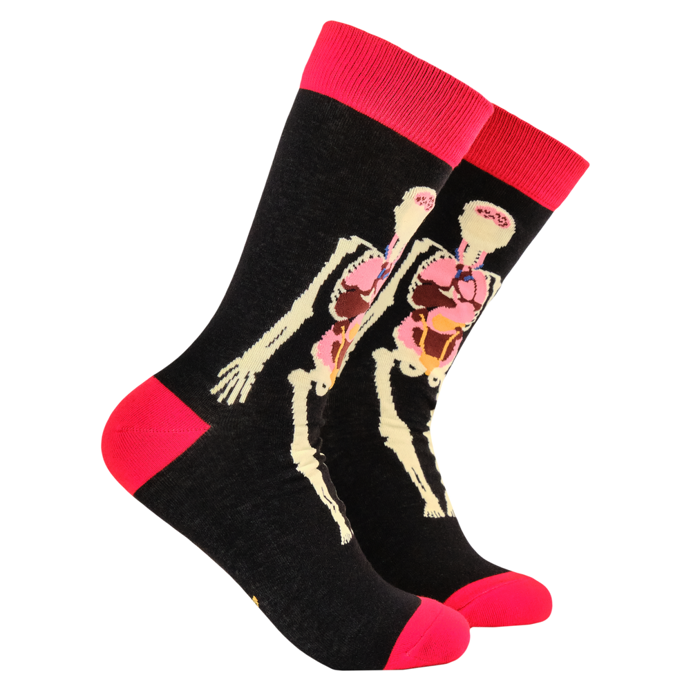 Anatomy Bamboo Socks. A pair of socks featuring an anatomy model. Black legs, red heel, toe and cuff. 