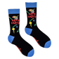 A pair of socks depicting an artist pallet and paint splashes. Dark blue legs, light blue cuff, heel and toe.