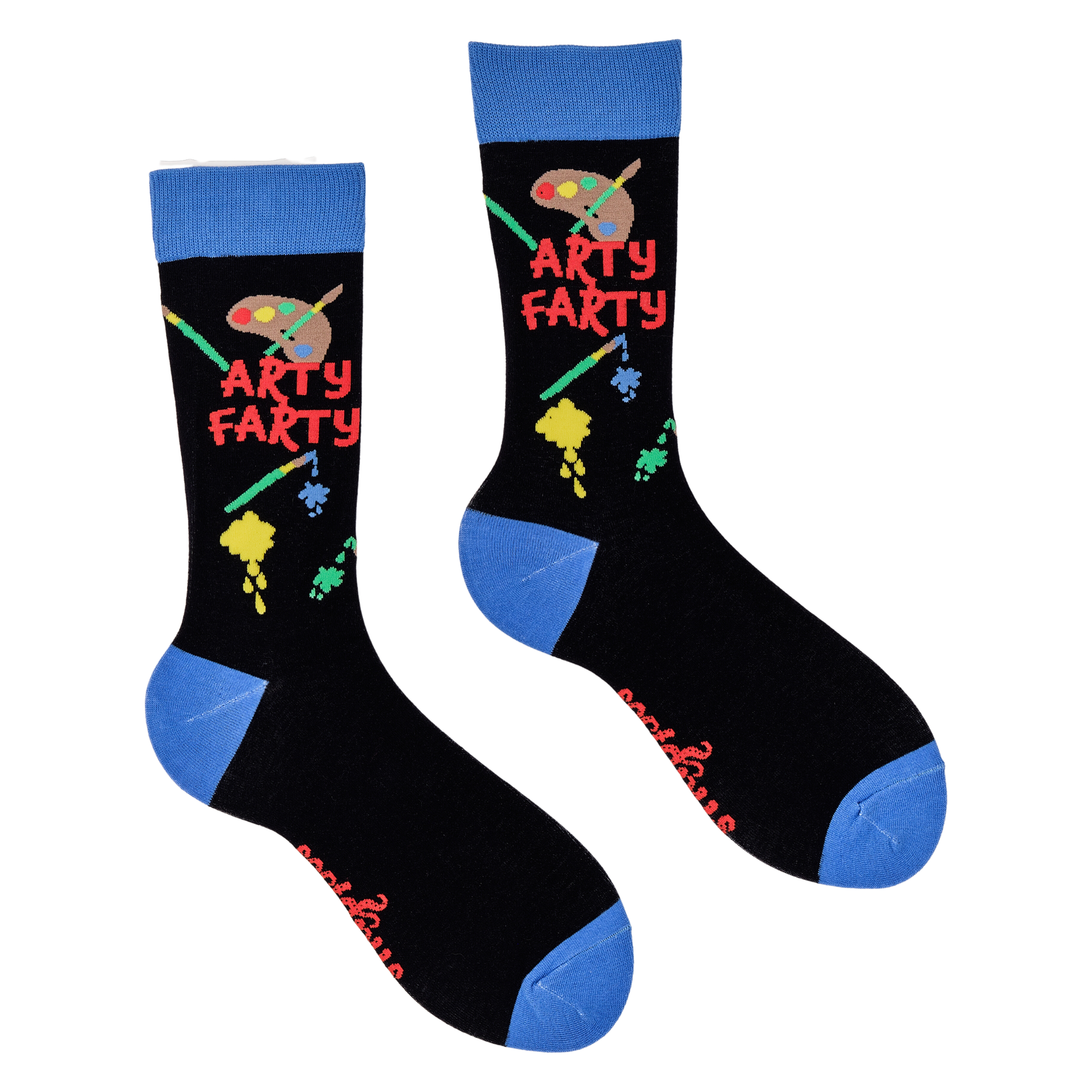 A pair of socks depicting an artist pallet and paint splashes. Dark blue legs, light blue cuff, heel and toe.