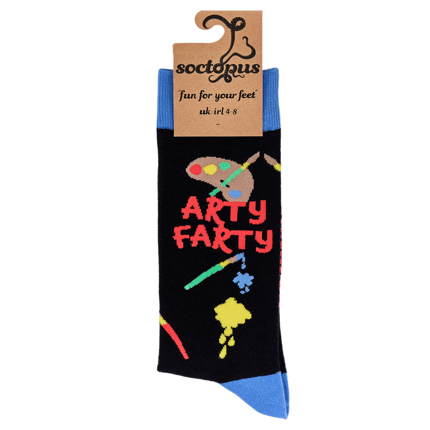 A pair of socks depicting an artist pallet and paint splashes. Dark blue legs, light blue cuff, heel and toe. In packaging.