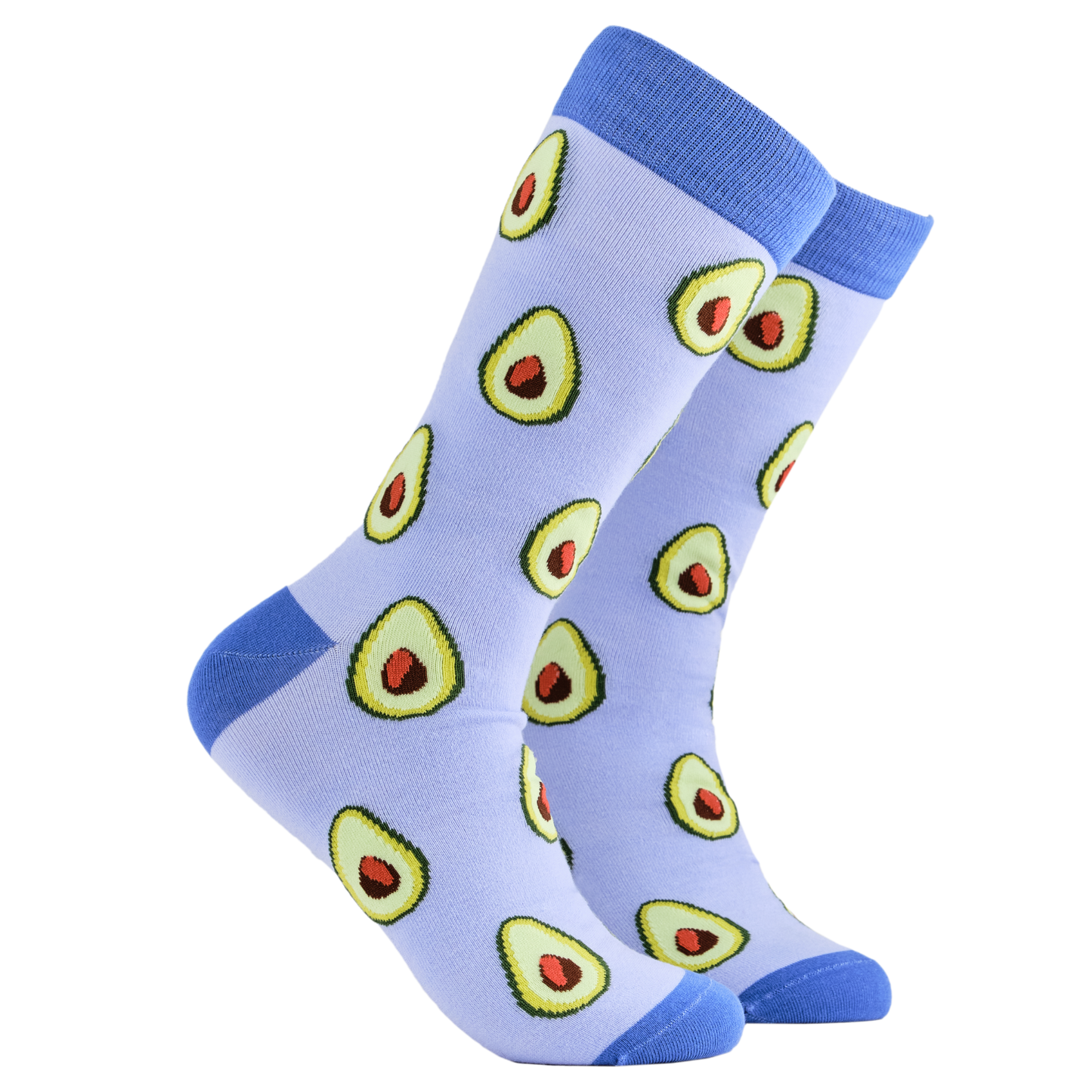 
                  
                    Avocado Socks. A pair of socks depicting Avocados. Purple legs, blue cuff, heel and toe.
                  
                