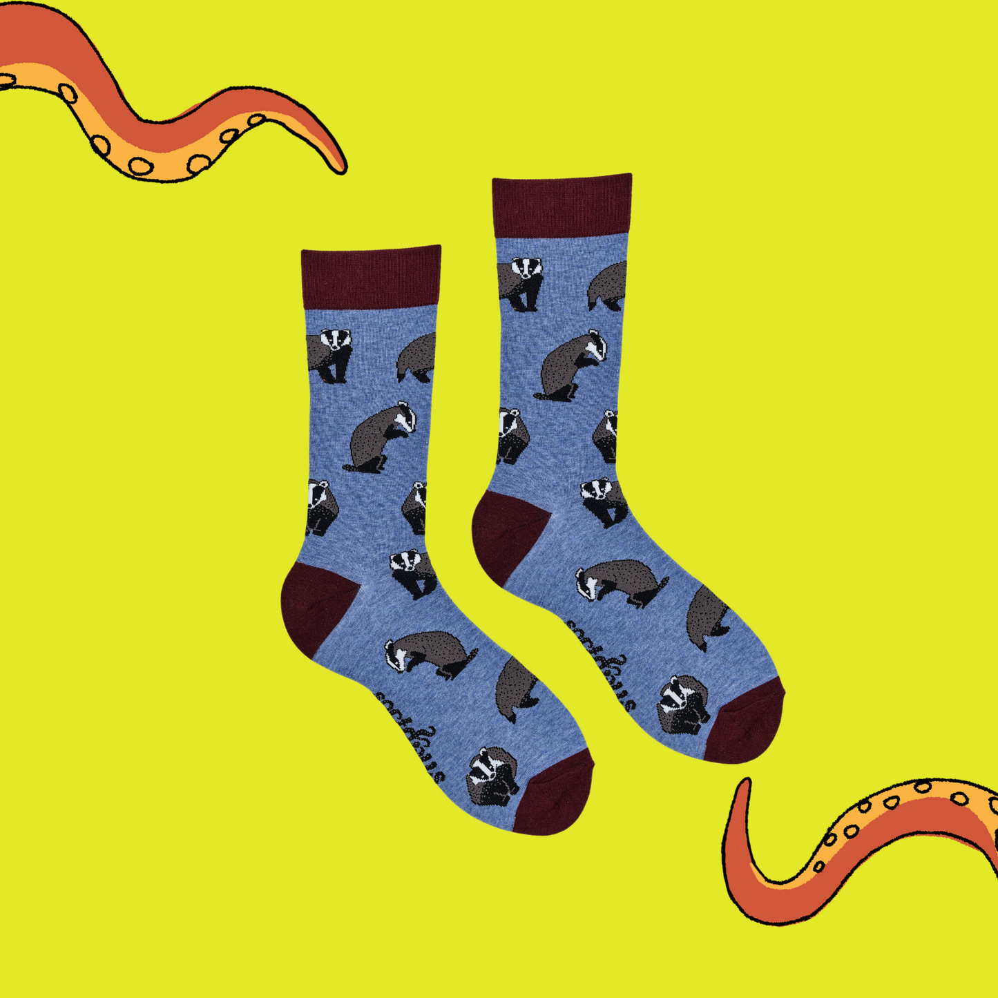 
                  
                    A pair of socks depicting Badgers. Blue legs, wine red cuff, heel and toe.
                  
                