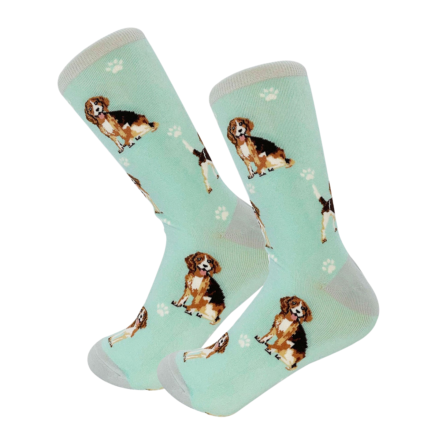 
                  
                    Beagle Socks - E&S Pets. A pair of socks depicting sitting beagles. Turquoise legs, grey heel, cuff and toe. 
                  
                