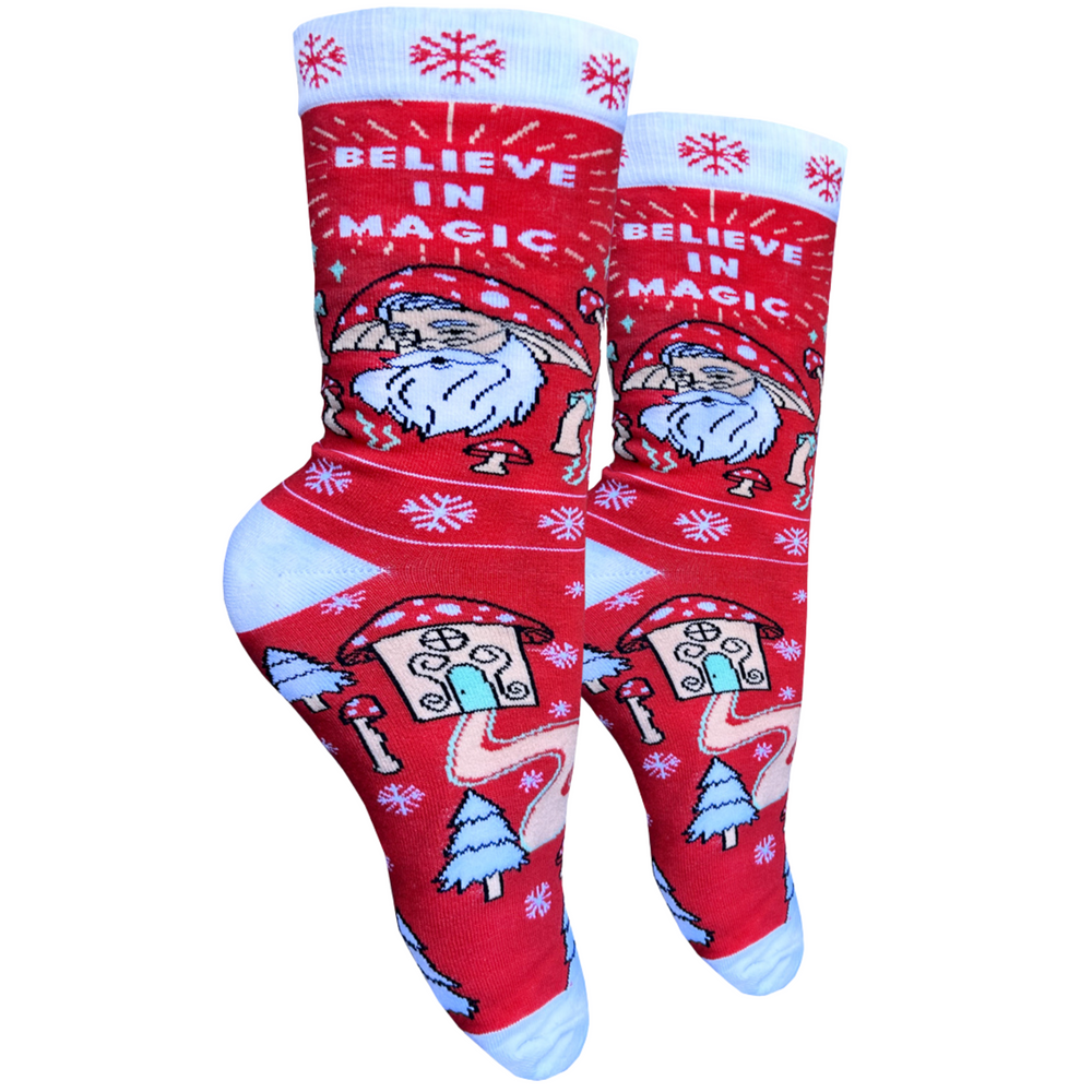 Believe In Magic Slogan Socks. A pair of socks depicting St Nick surrounded by magic mushrooms. Red legs. White heel, toe and cuff.