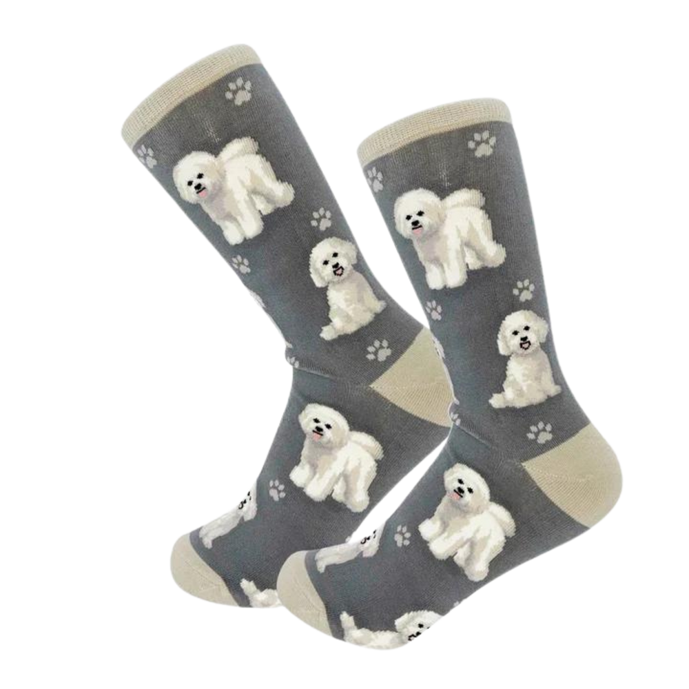 
                  
                    Bichon Frise Socks - E&S Pets. A pair of socks featuring Bichon Frise dogs. Grey kegs, light grey toe, cuff and heel. 
                  
                