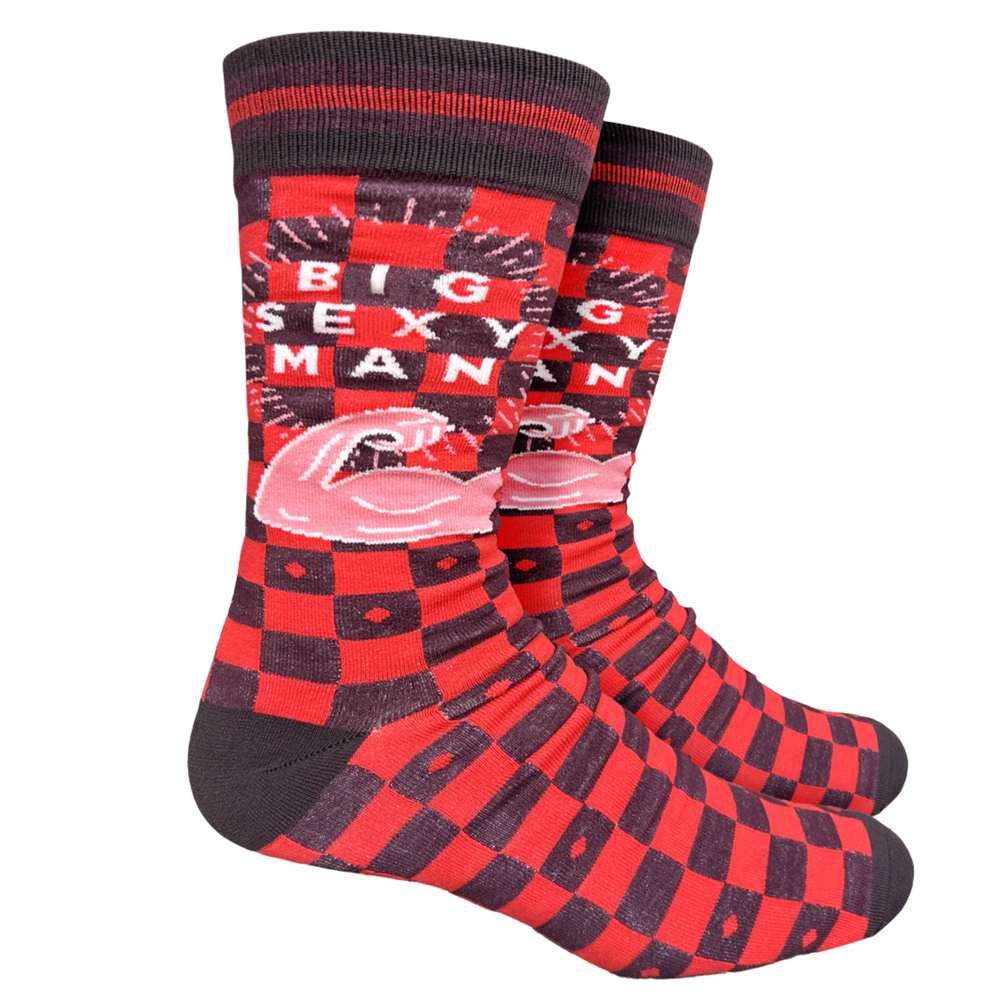 Big Sexy Man Slogan Socks. A pair of socks celebrating big, sexy men. Black and red check egs. Black toe, heel and cuff. 