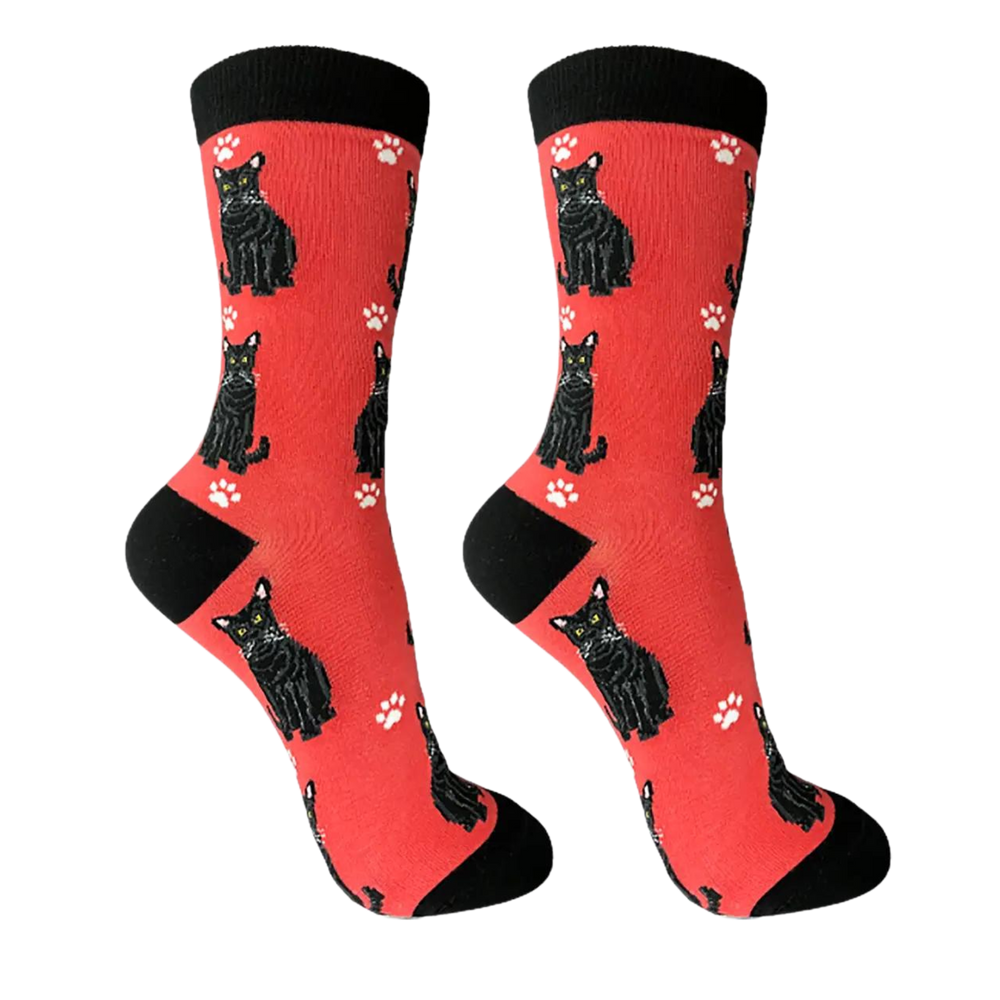 
                  
                    Black Cat Socks - E&S Pets. A pair of socks featuring black cats. Red legs, black heel, toe and cuff. 
                  
                