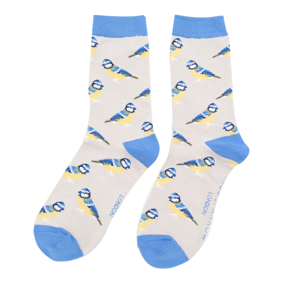 
                  
                    A pair of socks depicting Bluetits. Light grey legs, blue toe, cuff and heel.
                  
                