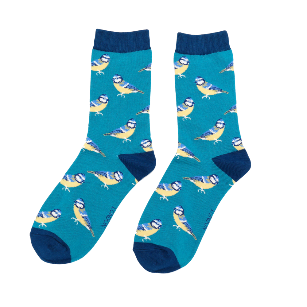 A pair of socks depicting Bluetits. Teal legs, blue toe, cuff and heel.