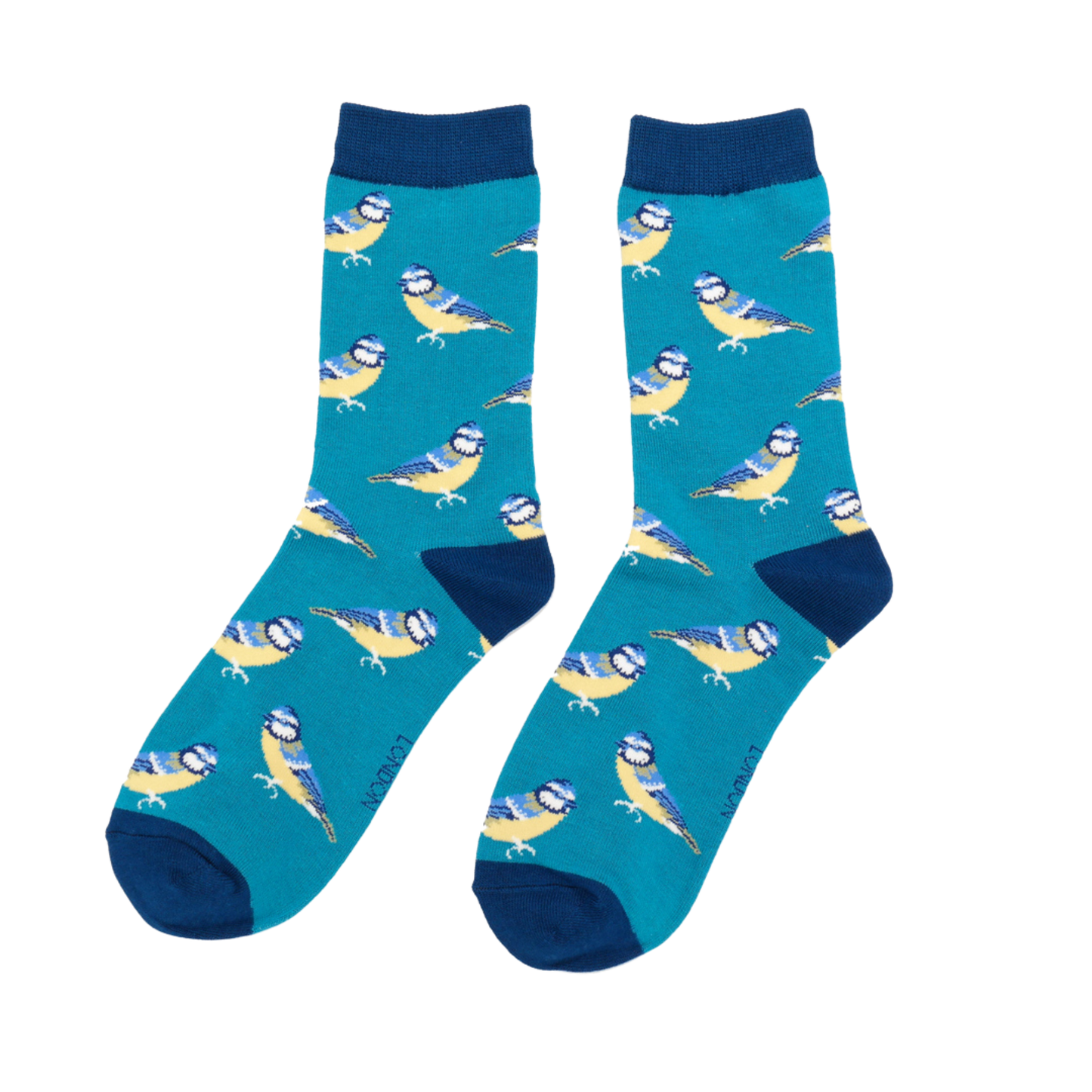 
                  
                    A pair of socks depicting Bluetits. Teal legs, blue toe, cuff and heel.
                  
                