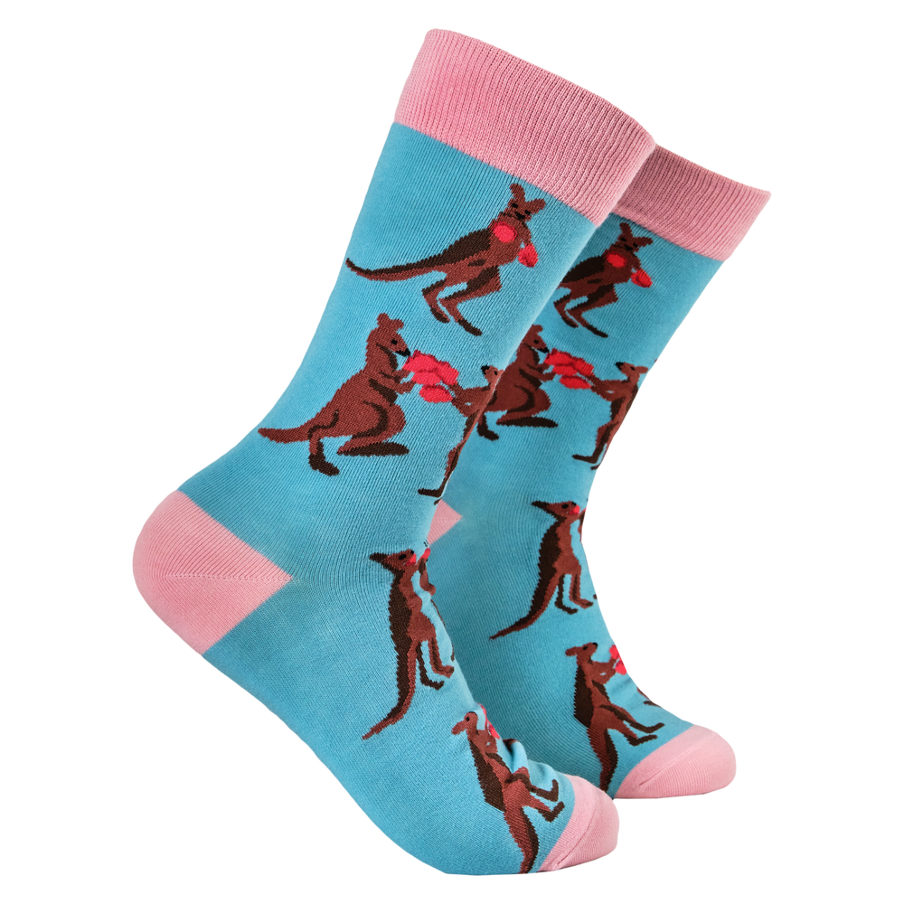 Boxing Kangaroo Socks. A pair of socks featuring a pair of boxing kangaroos. Bright blue legs, bright pink cuff, heel and toe.  