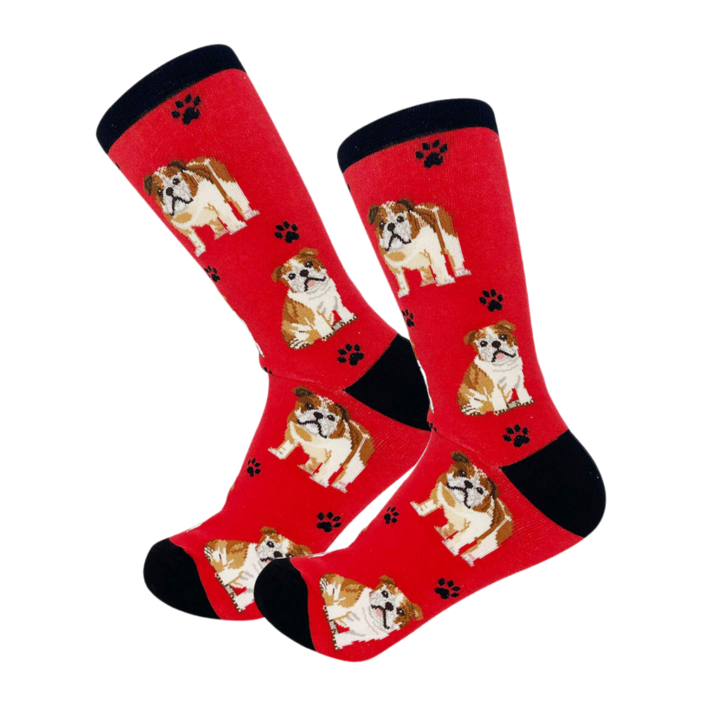 Bulldog Socks - E&S Pets. A pair of socks depicting bulldogs. Red legs, black heel, toe and cuff.  