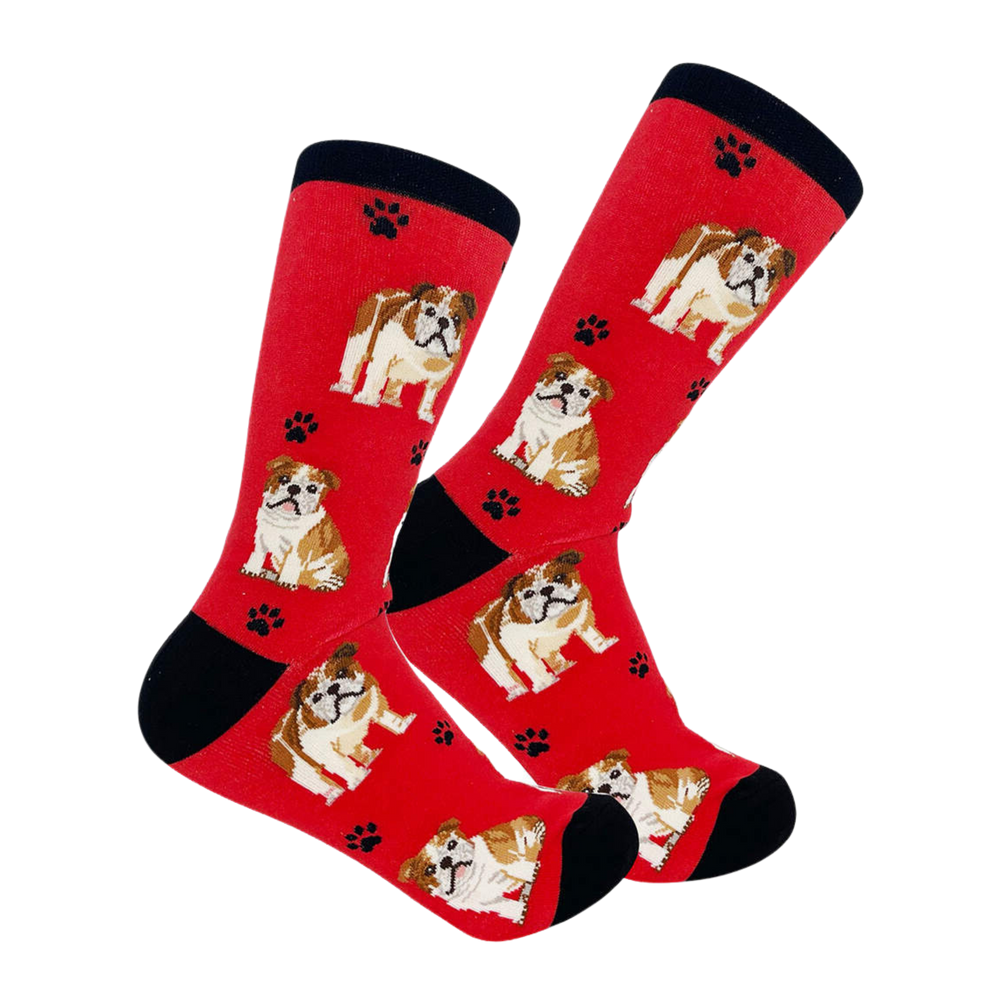 Bulldog Socks - E&S Pets. A pair of socks depicting bulldogs. Red legs, black heel, toe and cuff.  