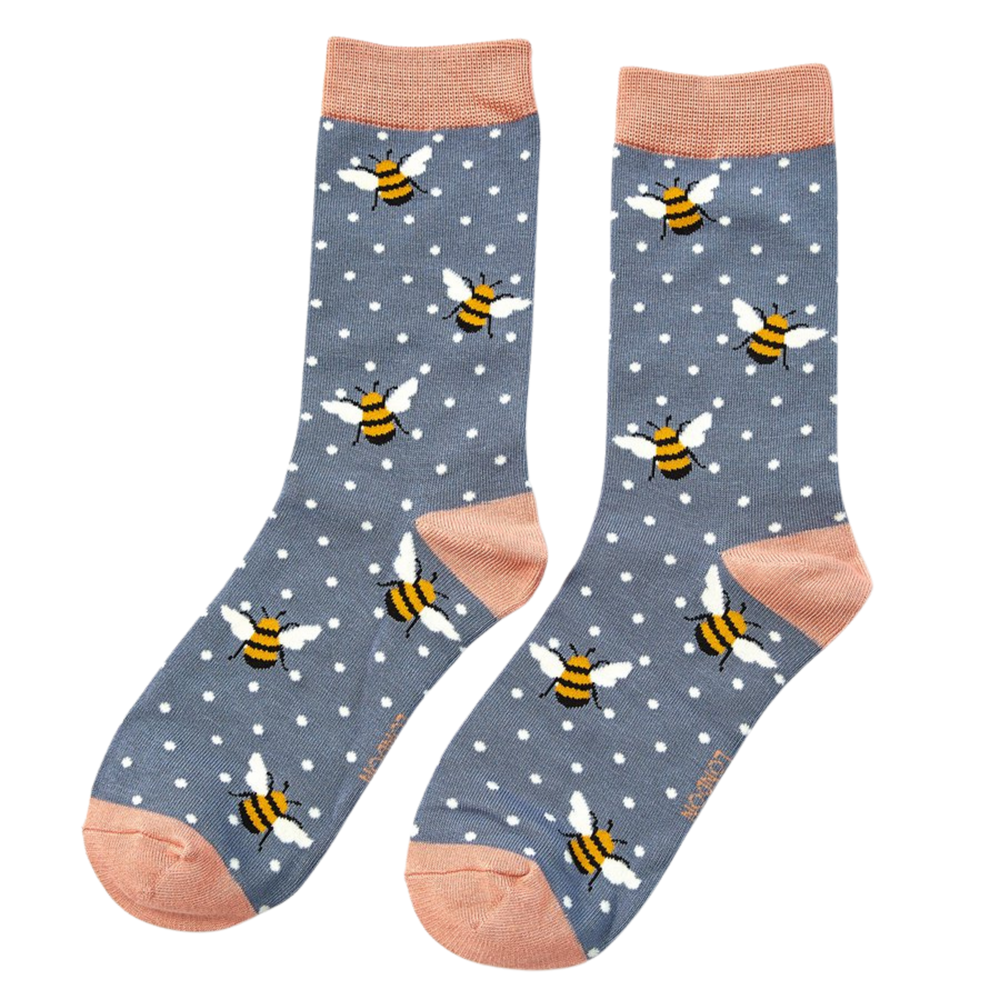 
                      
                        A pair of socks depicting bumble bees. Grey legs, peach cuff, toe and heel.
                      
                    