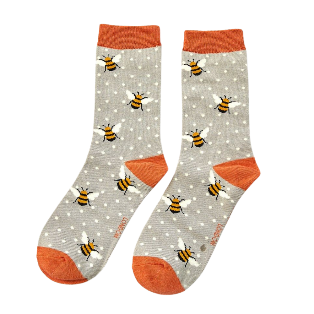 
                      
                        Bumble Bees Bamboo Socks - Miss Sparrow. A pair of socks depicting bumble bees. Grey legs, orange cuff, toe and heel. 
                      
                    