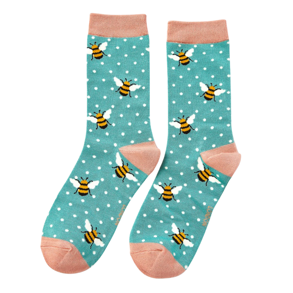 
                  
                    A pair of socks depicting bumble bees. Light blue legs, peach cuff, toe and heel.
                  
                