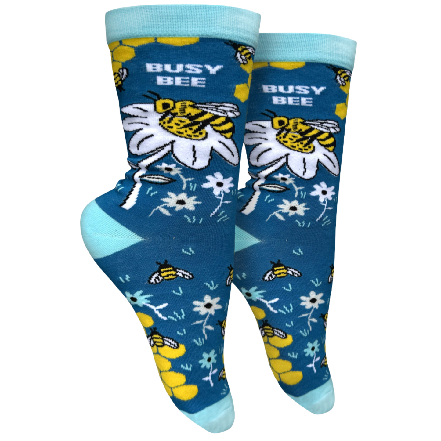 
                  
                    A pair of socks depicting busy bees. Light blue heel, toe and cuff.
                  
                