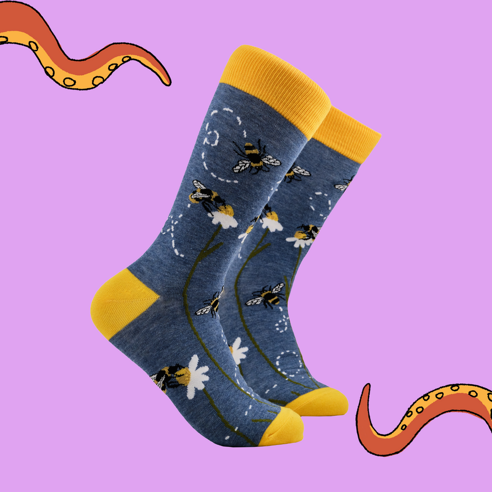 A pair of socks with a bee and daisy motif. Blue legs, yellow heel, toe and cuff. 