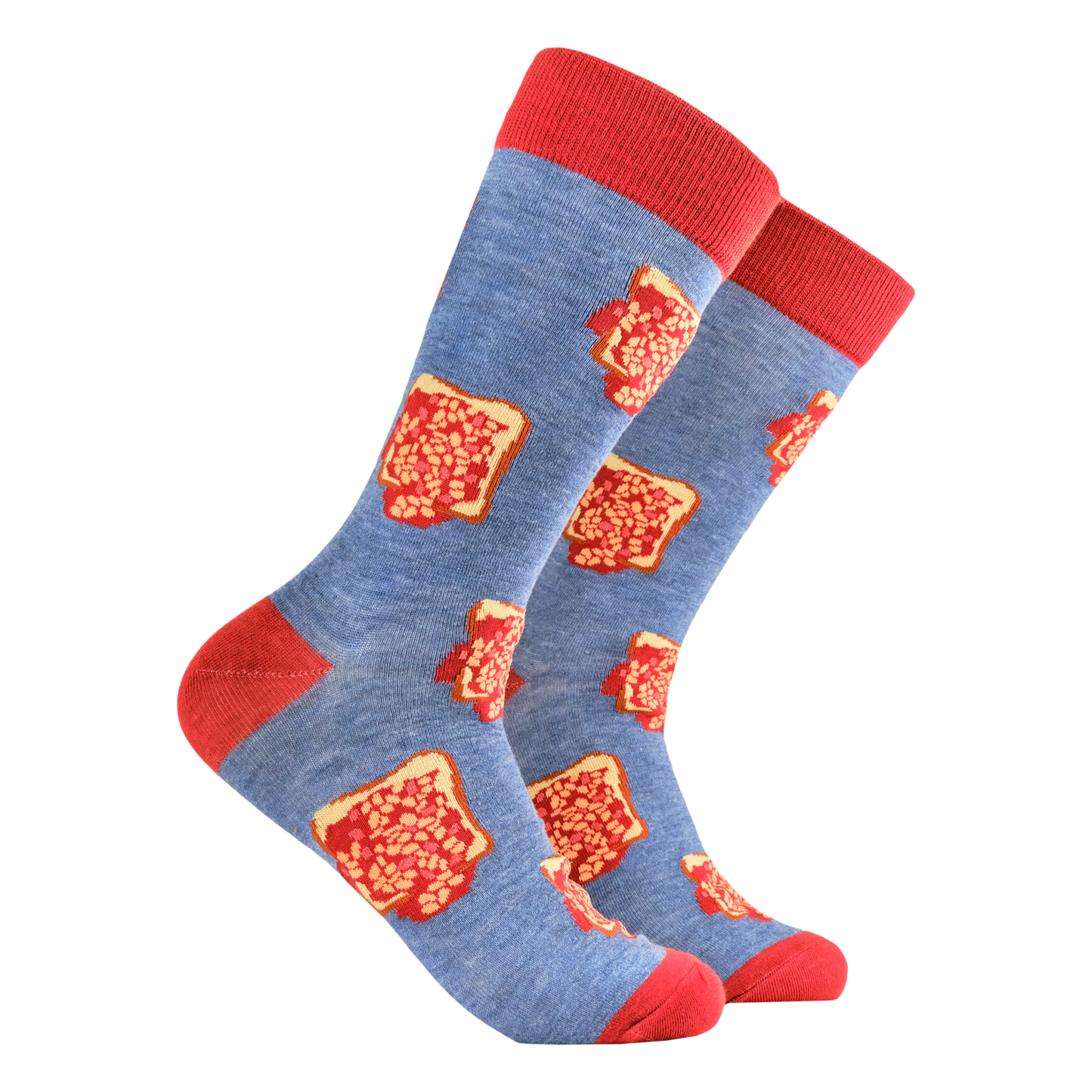 Beans on Toast Socks. A pair of socks depicting beans on toast. Blue legs, red heel, toe and cuff. 