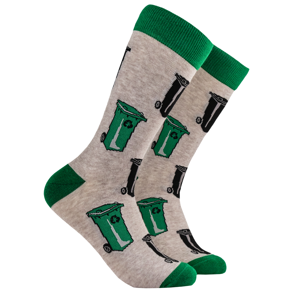 Bin Socks - Binfluencer. A pair of socks depicting wheelie bins. Brown legs, green toe, cuff and heel. 