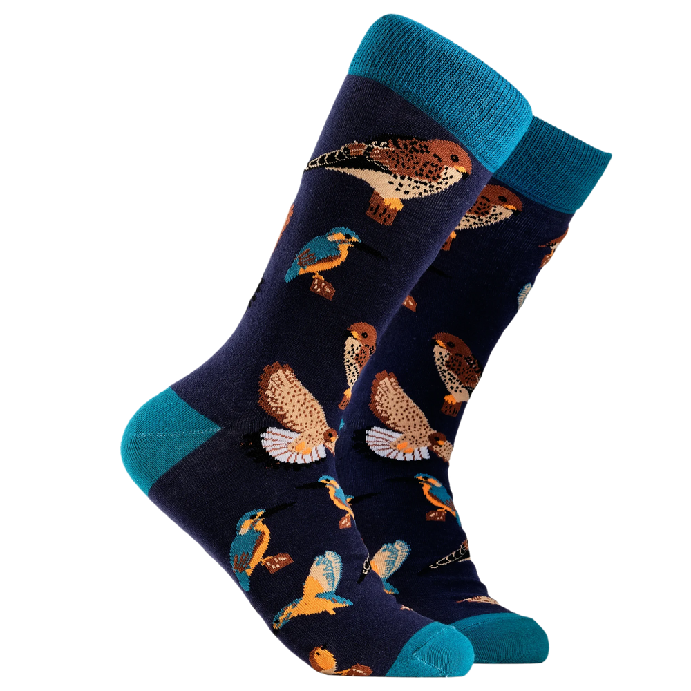 
                      
                        A pair of socks depicting British native birds. Purple legs, turquoise cuff, heel and toe.
                      
                    