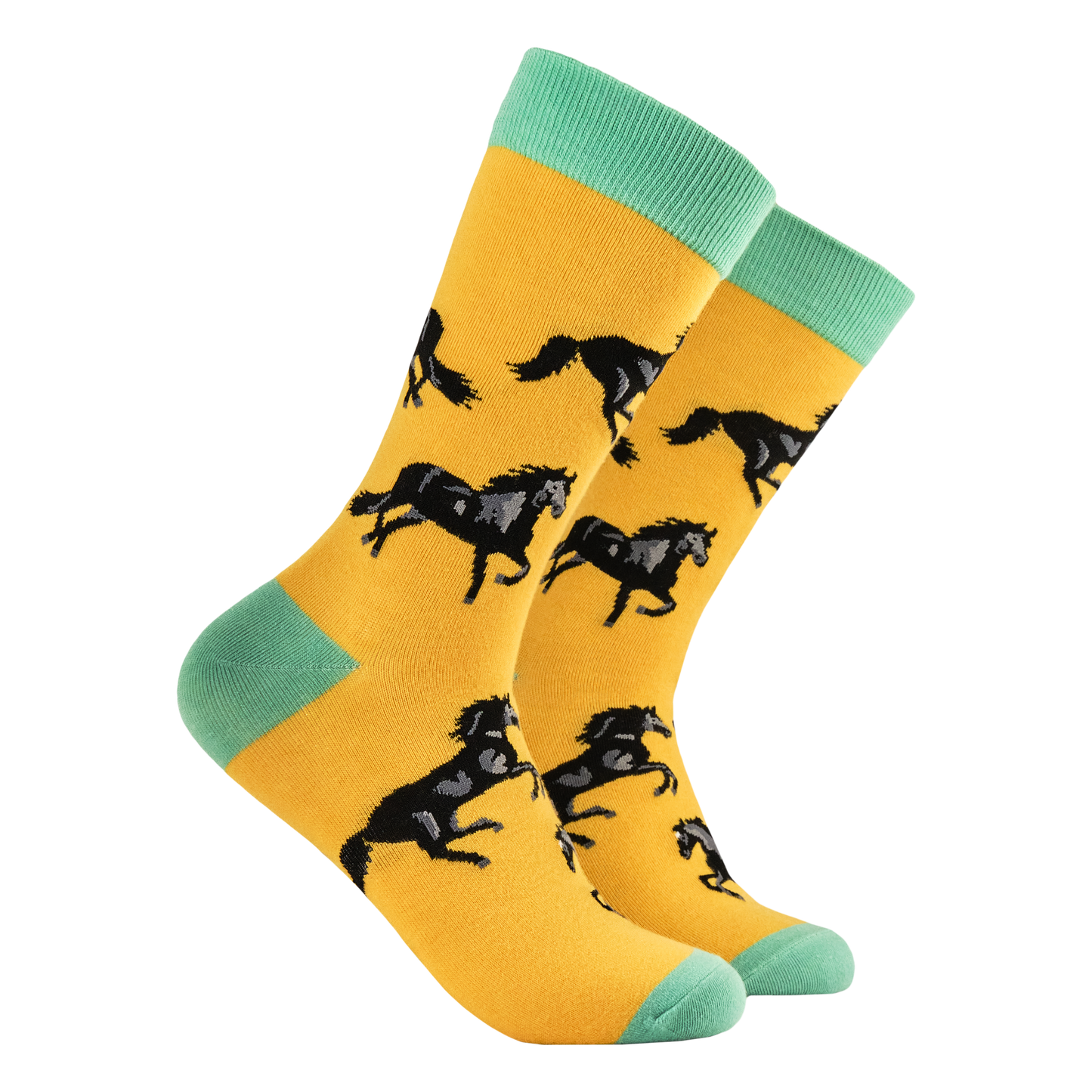 Black Stallion Socks. A pair of socks with a black stallion motif. Yellow legs, green heel toe and cuff. 