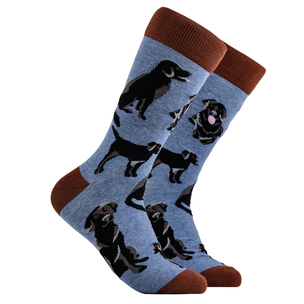Labrador Socks - Black Lab. A pair of socks depicting black labradors. Blue legs, brown cuff, heel and toe.