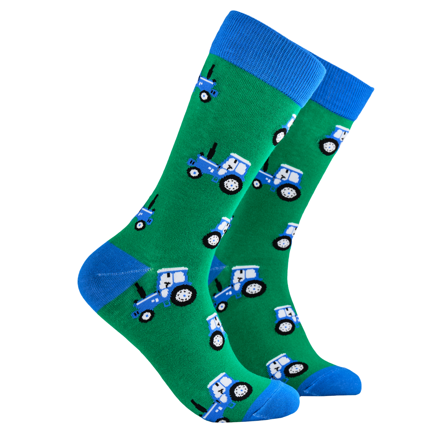 Farming Socks - Blue Tractor. A pair of socks depicting blue tractors. Green legs, blue cuff, heel and toe.