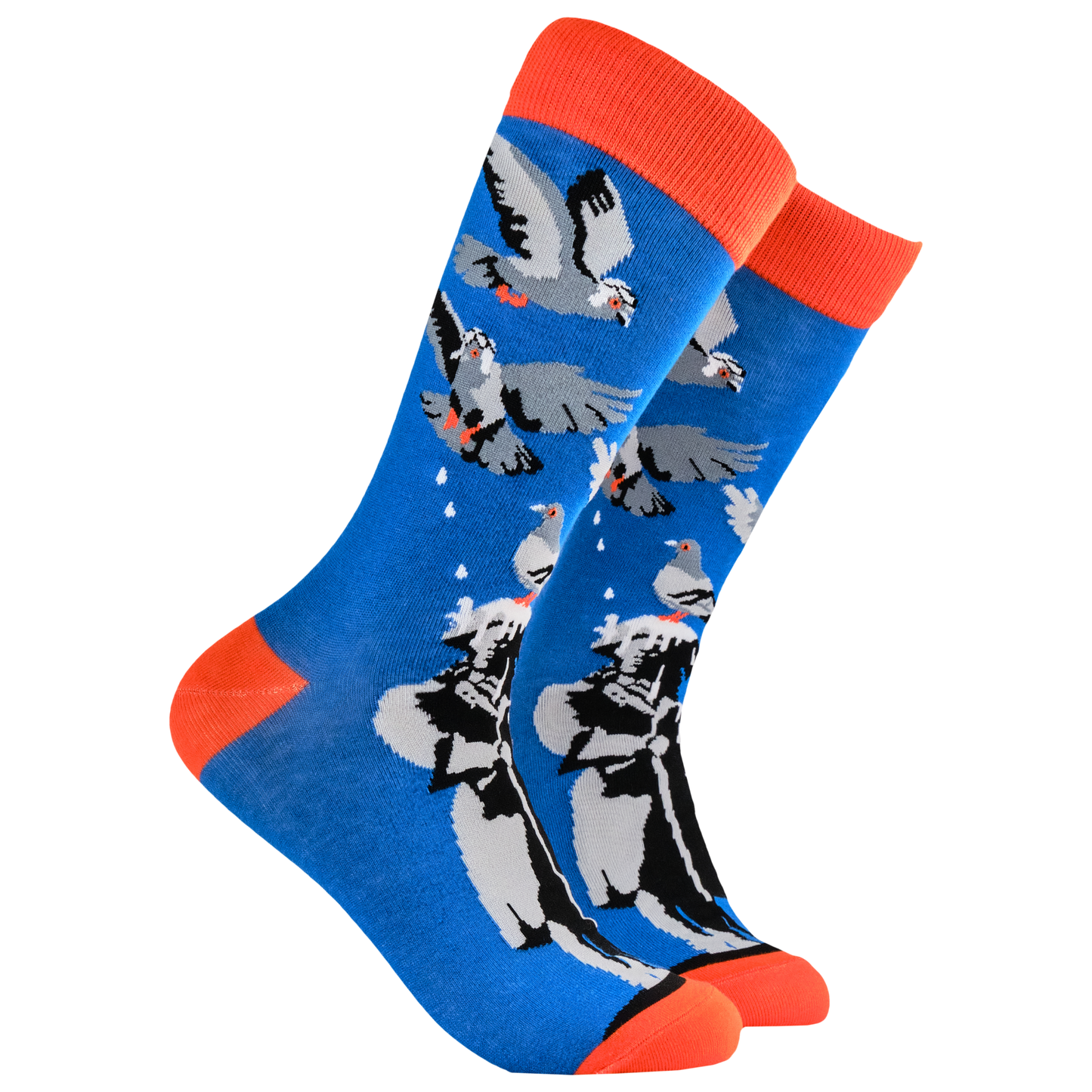 Pigeons Socks - Bombs Away. A pair of socks depicting pigeons pooping on a statue. Blue legs, orange heel, toe and cuff. 